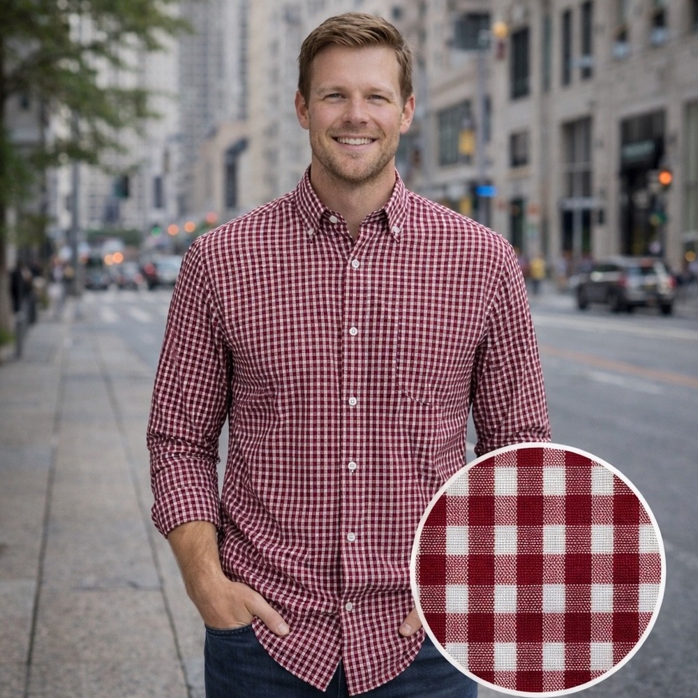 Banana Republic Untucked Fit Shirt Mens Size L Burgundy Gingham Cotton Stretch‎